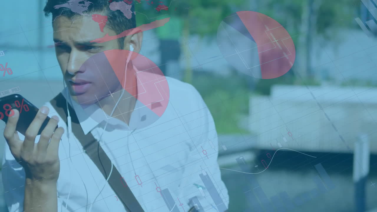 스마트폰을 사용하는 카우카스계 사업가에 대한 금융 데이터 처리 애니메이션