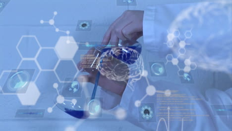 animation of data processing and caucasian scientist with beaker over chemical formula