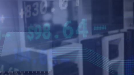 animation of multicolored trading board over unoccupied chairs in background