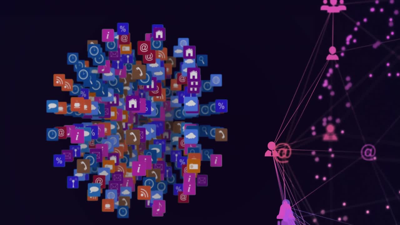 animación de dos globos de iconos digitales que giran contra un fondo púrpura.