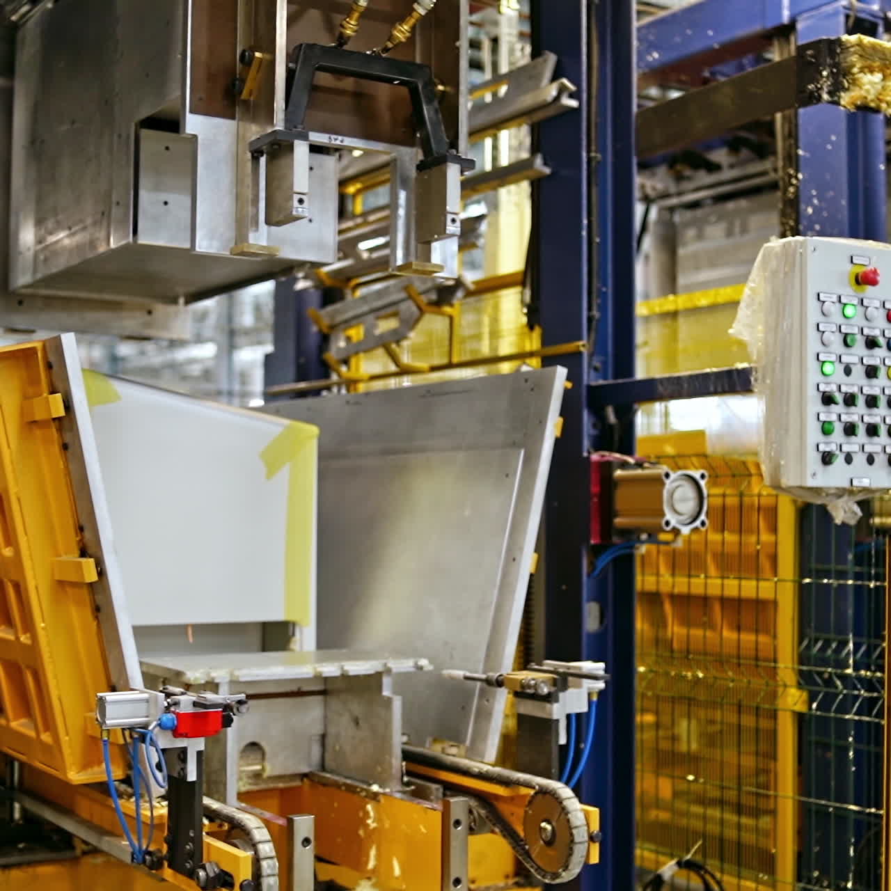 Automated plant indoors. Robotic equipment inside the modern factory background. Innovative technologies at manufacture.