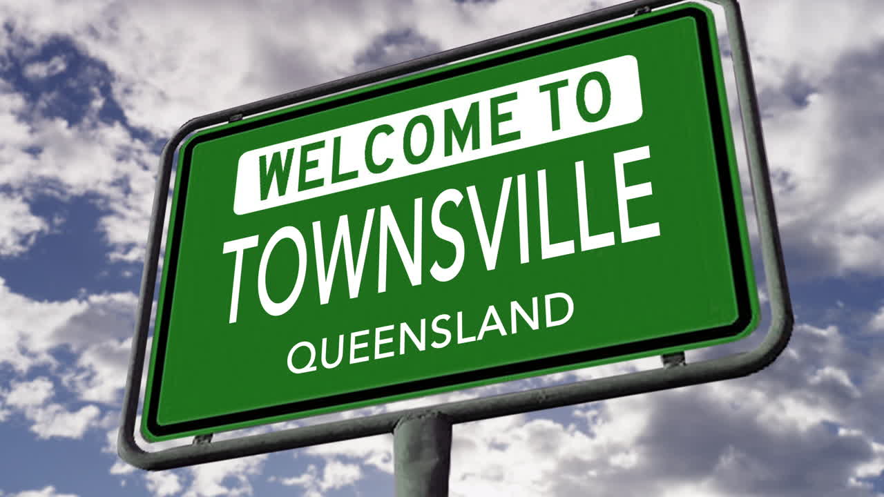 타운스빌, 즐랜드, 오스트레일리아에 오신 것을 환영합니다. 도시 도로 표지판 현실적인 애니메이션