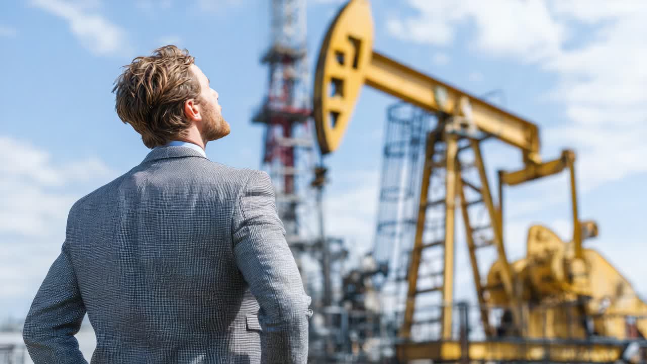 Businessman Analyzing Oil Rig Operations: A Professional Assessment of Energy Production and Innovations in the Oil Industry