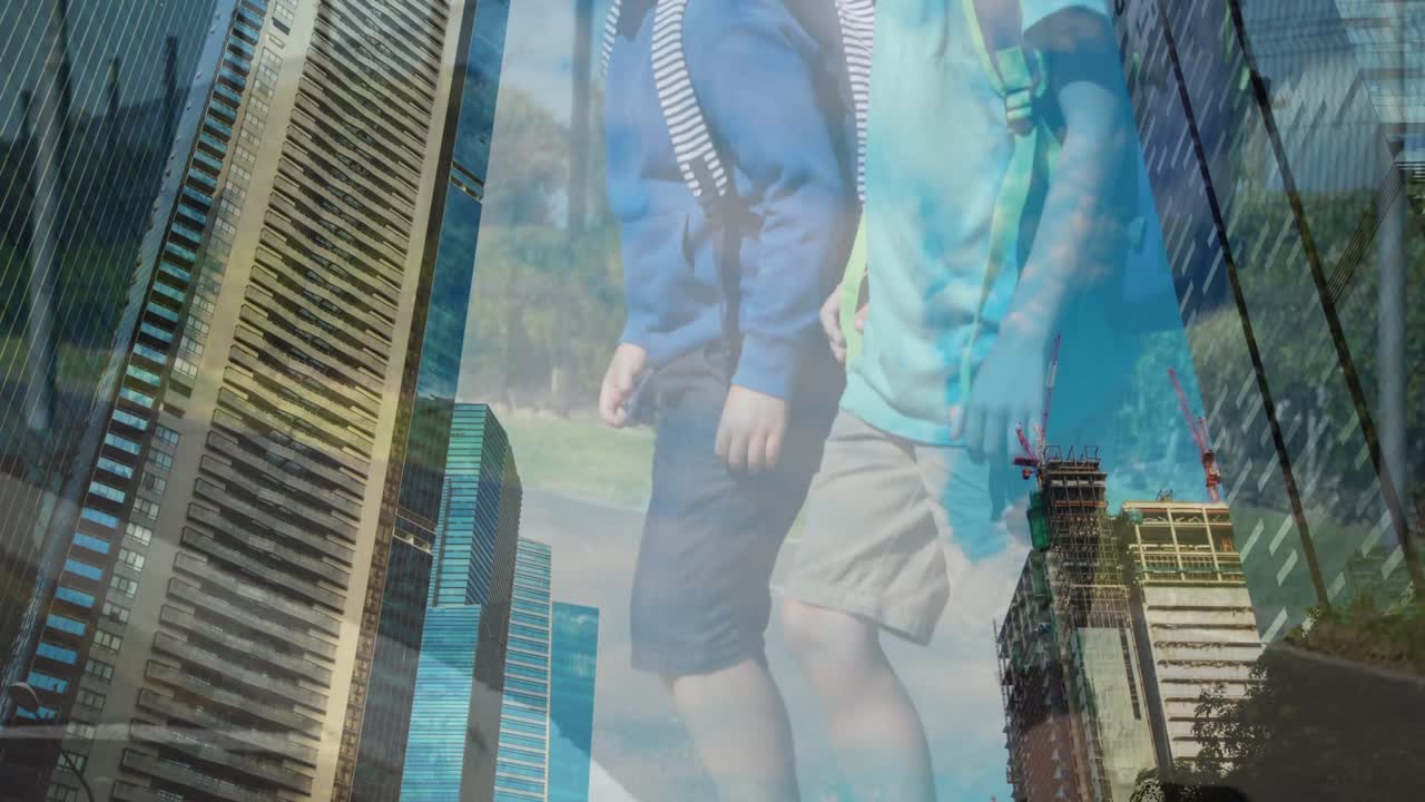 animación de niños caucásicos en cebra cruzando sobre el paisaje urbano