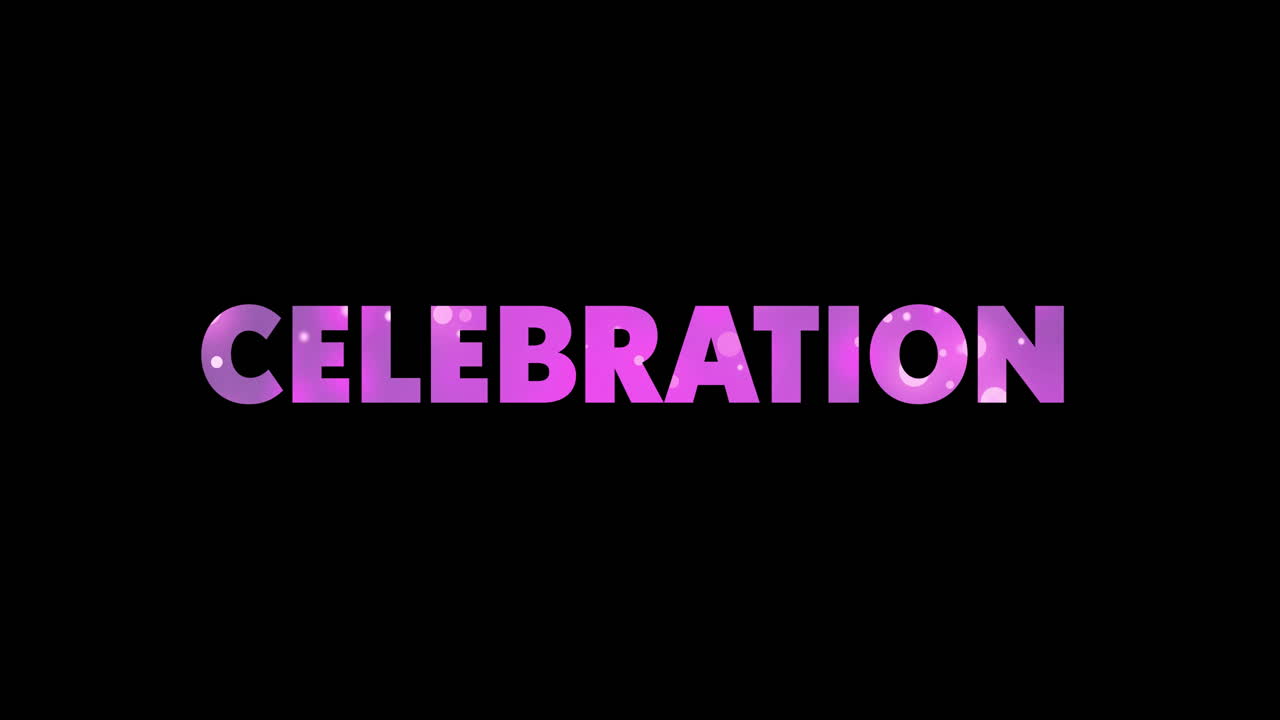 Animation of celebration text and glowing purple lights on black background