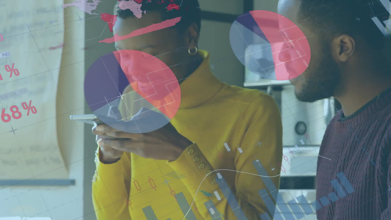 Animation of data processing against african american man and woman talking on smartphone at a cafe