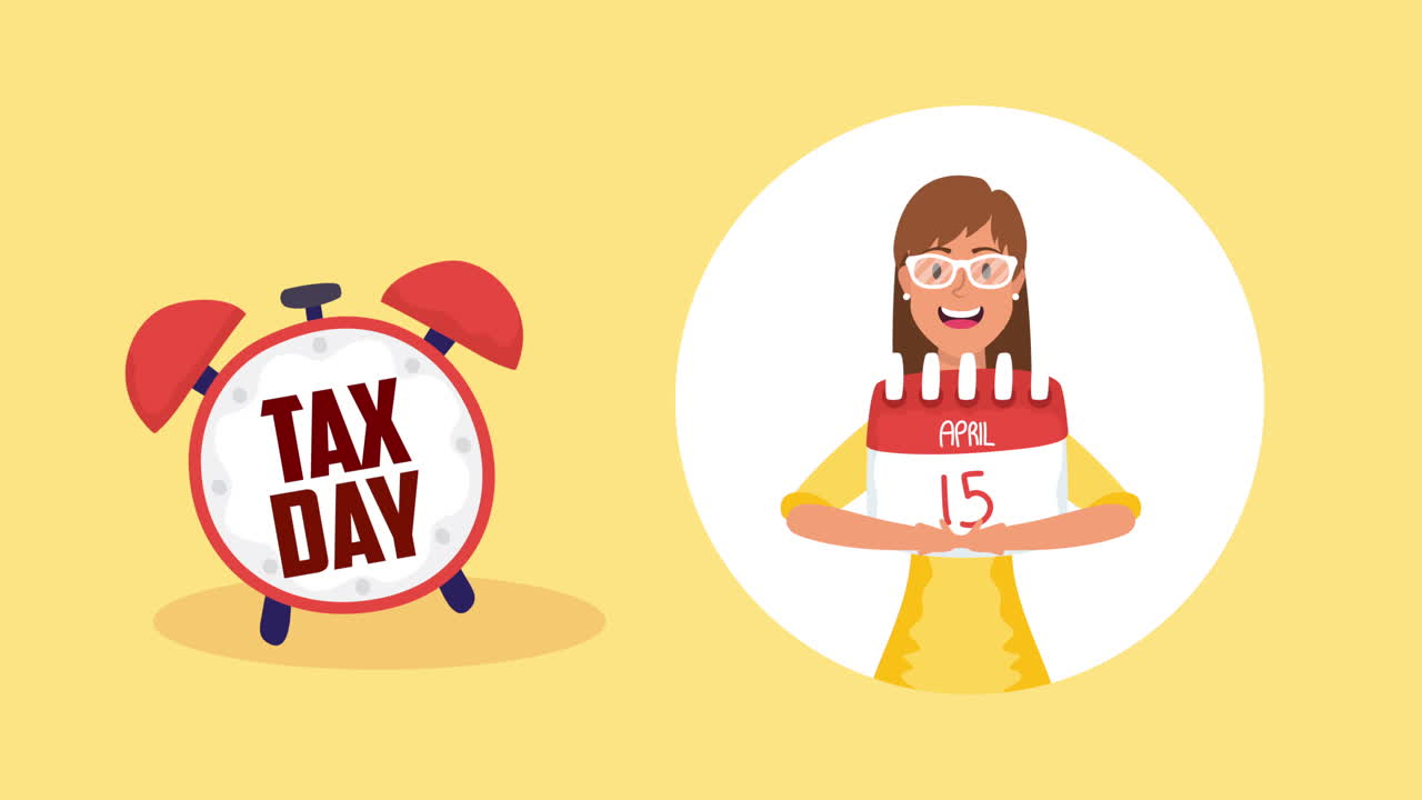 tax day animation with businesswoman and alarm clock