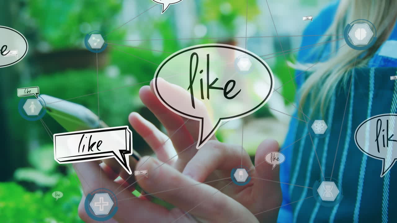 스마트폰을 사용하는 백인 여성에 대한 미디어 아이콘의 애니메이션