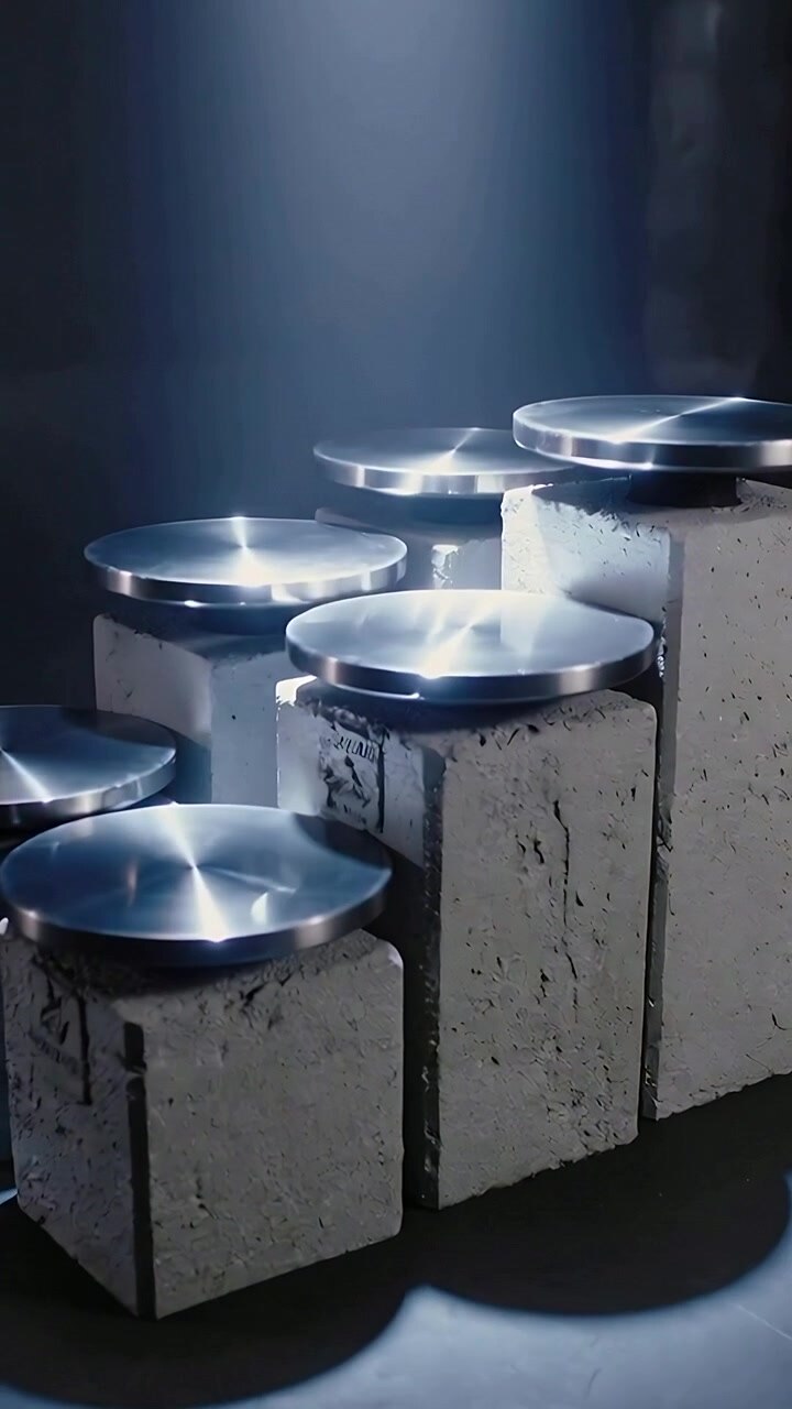 Vertical video: Intensifying beam revealing metal discs on concrete blocks in studio, adding depth
