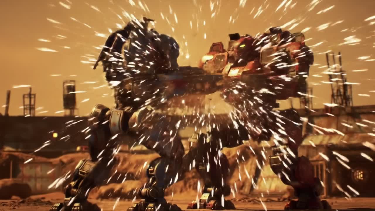 Two Massive Robots Engage in an Intense Showdown Amidst a Deserted Landscape, Showcasing Their Strength and Power in a Dramatic Battle Sequence