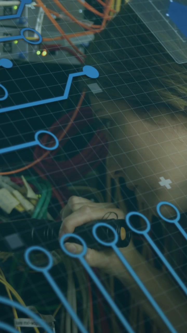 Animation of digital interface and data processing over caucasian female server room worker