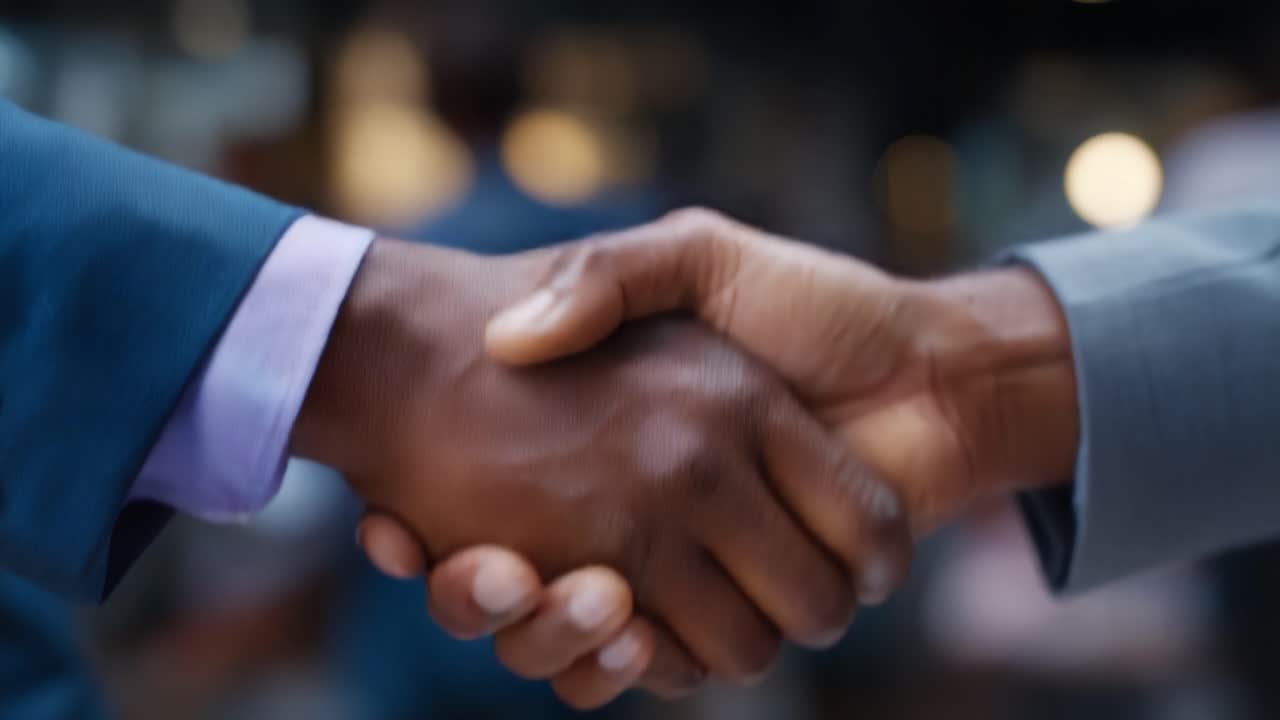 A professional handshake between two individuals in suits symbolizing agreement, partnership, and collaboration in a modern business environment