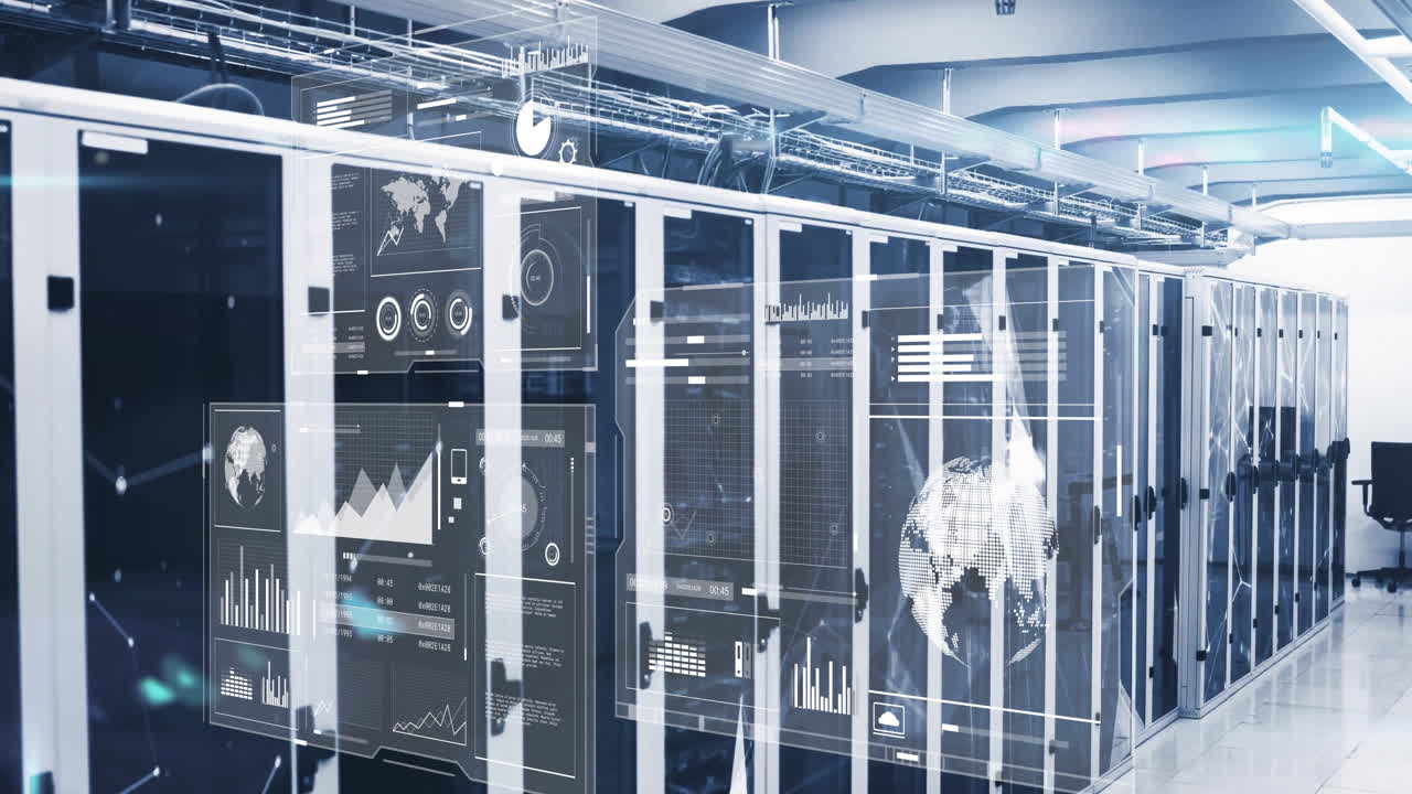 Animation of data processing and analytics in modern server room environment