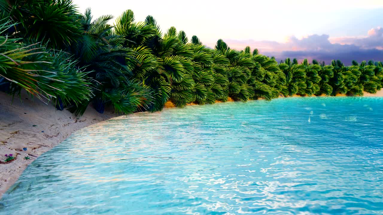 incredibile oasi fantastica nel deserto. giorno limpido. montagne, dune di sabbia, palme e un cielo soffocante con nuvole. bellissimo sfondo naturale.
