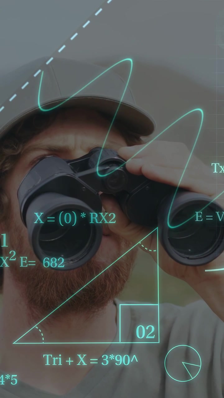 Vertical video: Man raising binoculars, scanning horizon, tuning focus, tech overlays updating data