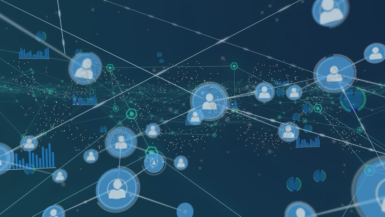 Animation af netværk af forbindelser med ikoner over databehandling og lyspunkter