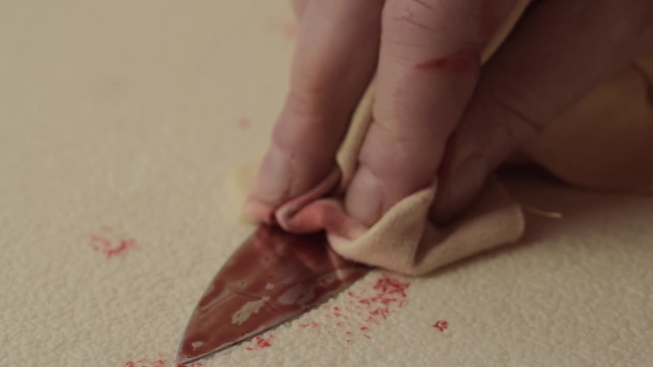 Bloody hand of criminal murderer wiping blood of a knife after stabbing