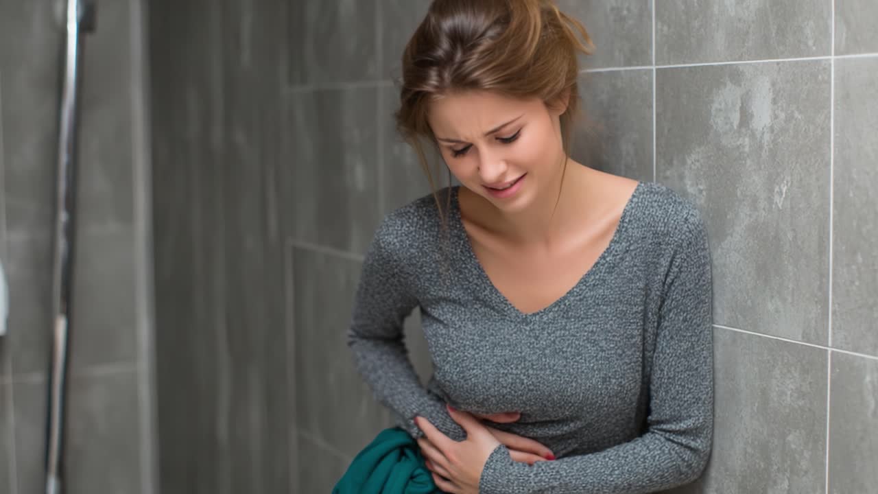 A Young Woman Expresses Distress and Discomfort While Leaning Against a Wall, Illustrating a Struggle with Pain in an Intimate, Indoor Setting