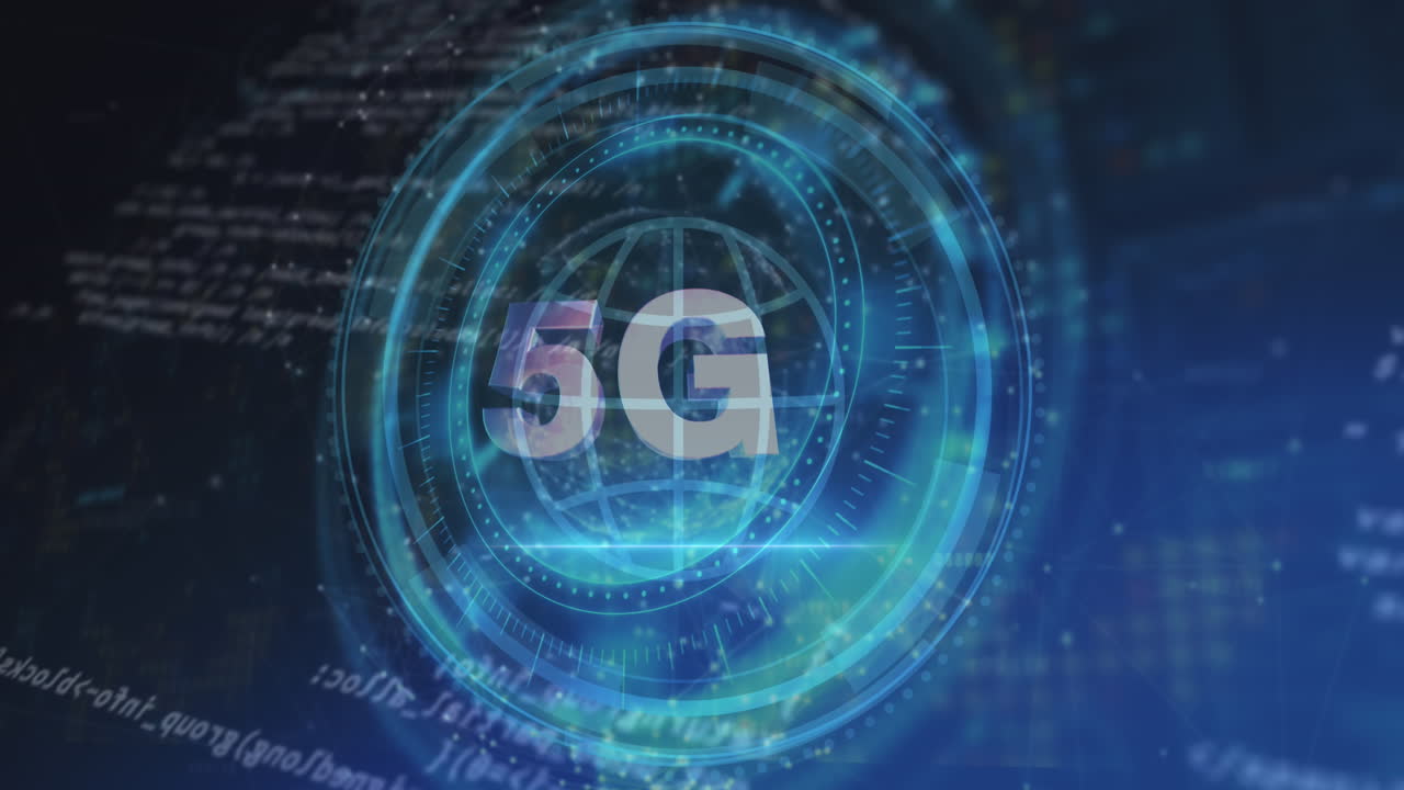 animazione di testo 5g, scansione di scopi e elaborazione dei dati.
