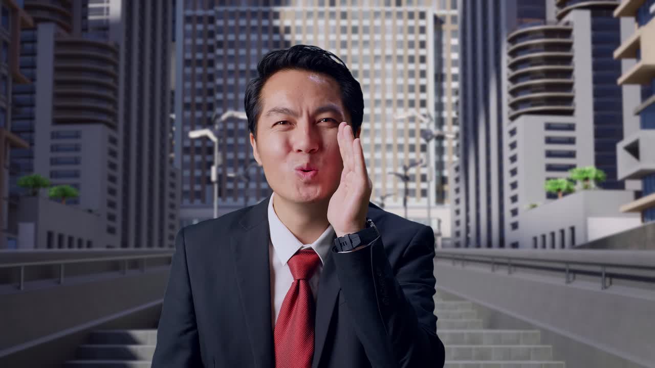 도시에서 오오 얼굴을 하는 아시아 사업가