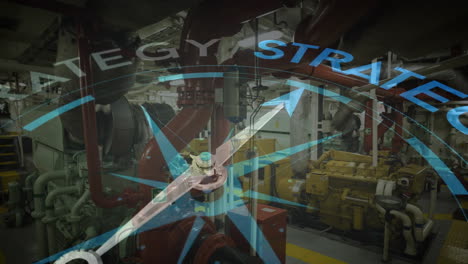 Animation of compass with arrow pointing to strategy text over industrial machinery