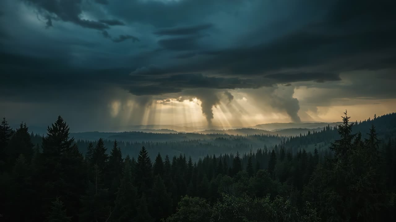 Sunrays through Storm Clouds over Mountain Forest