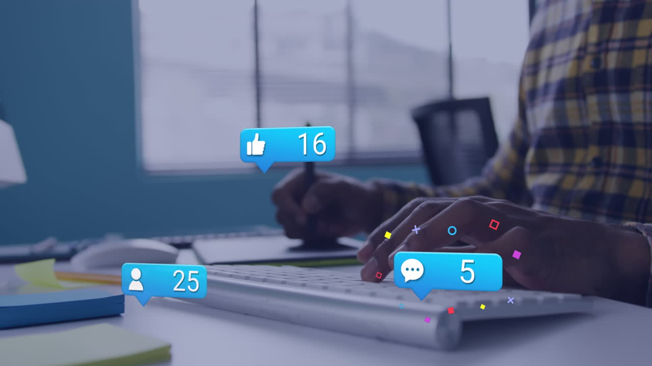 Animation of social media data processing over caucasian man using computer