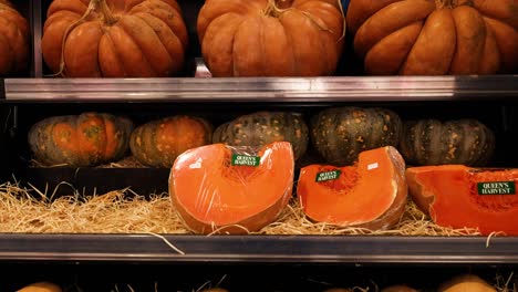 various pumpkins and squash on market shelves