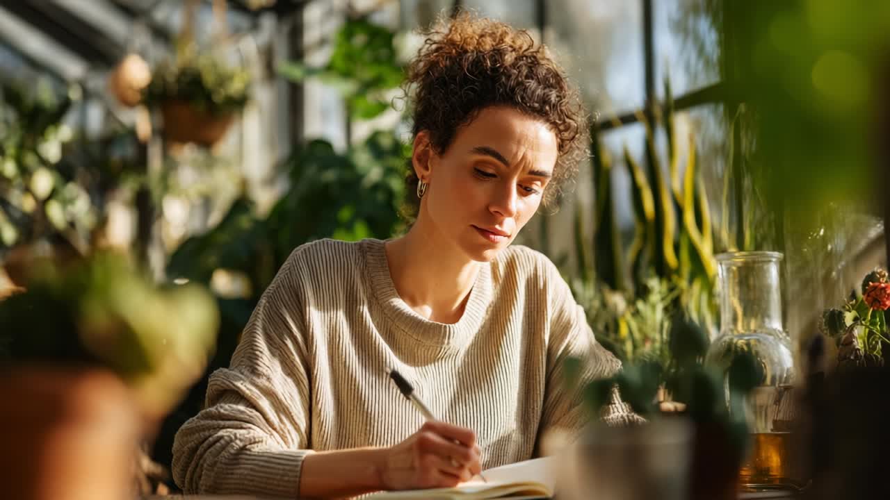 En fokuseret kvinde fordybet i skrivning i et frodigt drivhus, omgivet af planter og naturligt lys, der indfanger et øjeblik af kreativitet og forbindelse med naturen i et fredfyldt miljø
