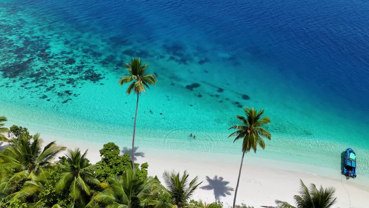 Video drone udara 4K sepasang kekasih berlari dari pantai pasir putih ke laut yang jernih di pulau pribadi, dikelilingi oleh pemandangan tropis dan pohon palem di Sulawesi, Indonesia.