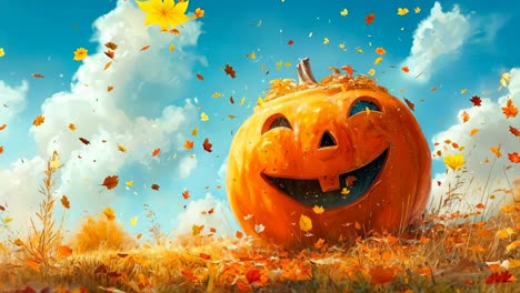una linterna de jack-o en un campo de hojas de otoño con un cielo azul en el fondo