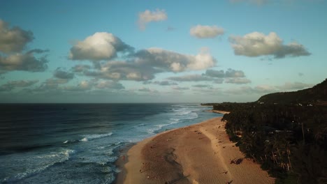 Tropical-North-Shore-Beach-of-Oahu,-Hawaii,-Waves-Crashing,-Tripod-Aerial