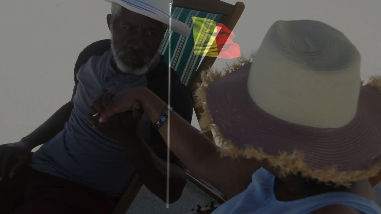 Relaxing on beach chairs, elderly couple wearing sun hats and casual clothing