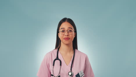 Portrait,-studio-and-woman-doctor-pointing