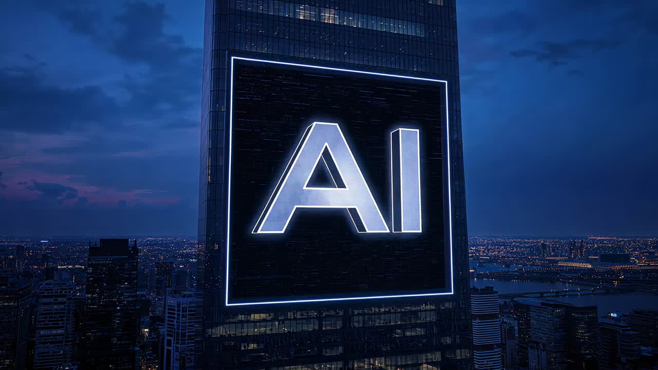 Receiving signal, large digital display powering up letters AI for promo on tower facade at dusk