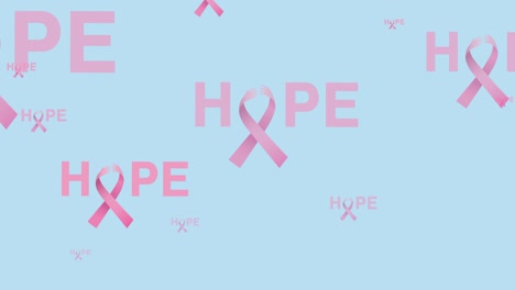 animation of multiple pink ribbon logo and hope text flying on blue background