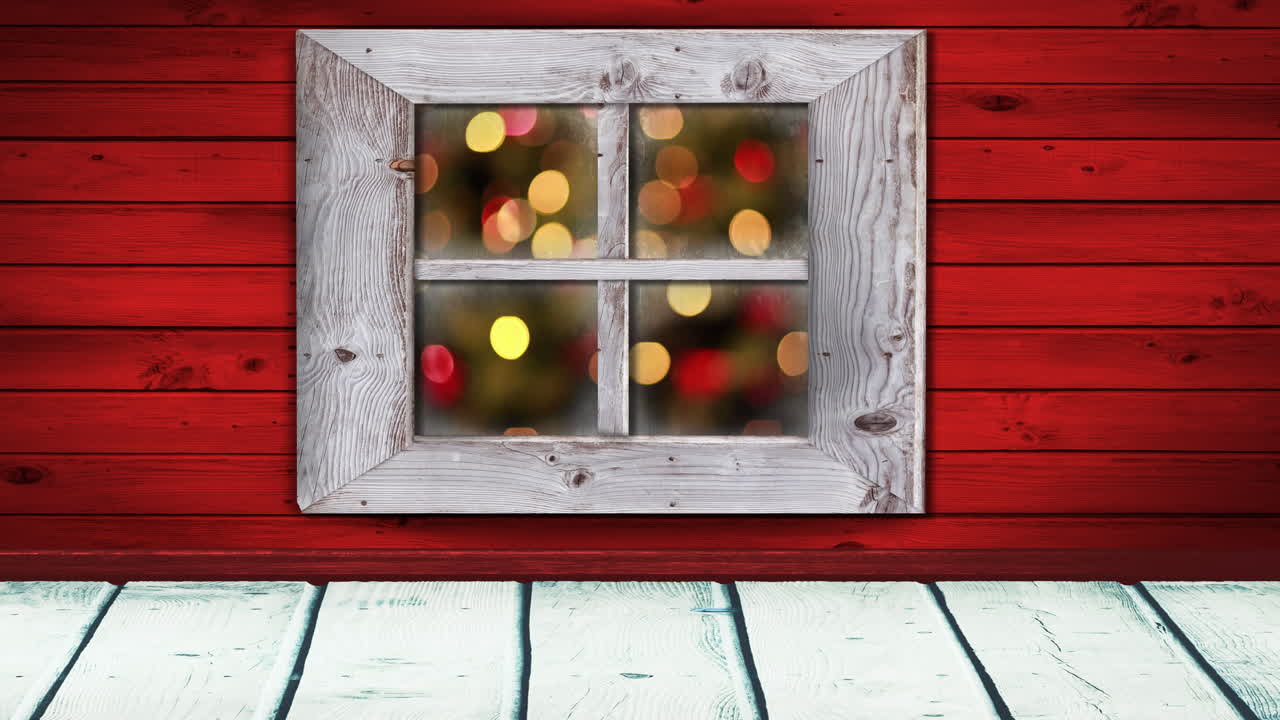 animación de luces de hadas de navidad parpadeantes vistas a través de una ventana con paredes rojas en el fondo