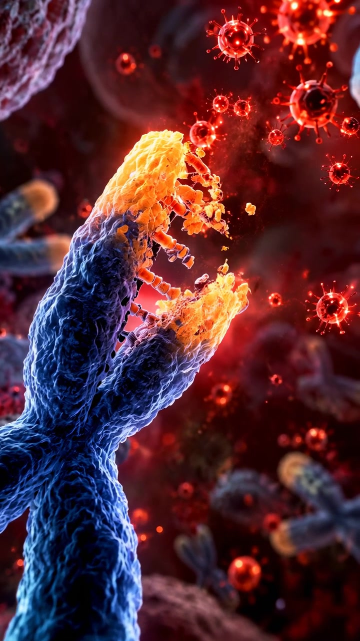 Vista ravvicinata di materiale arancione frammentato che si separa dai bracci superiori dei cromosomi mentre particelle rosse luminose fluttuano intorno, con superfici fibrose blu e forme biologiche sfocate sullo sfondo