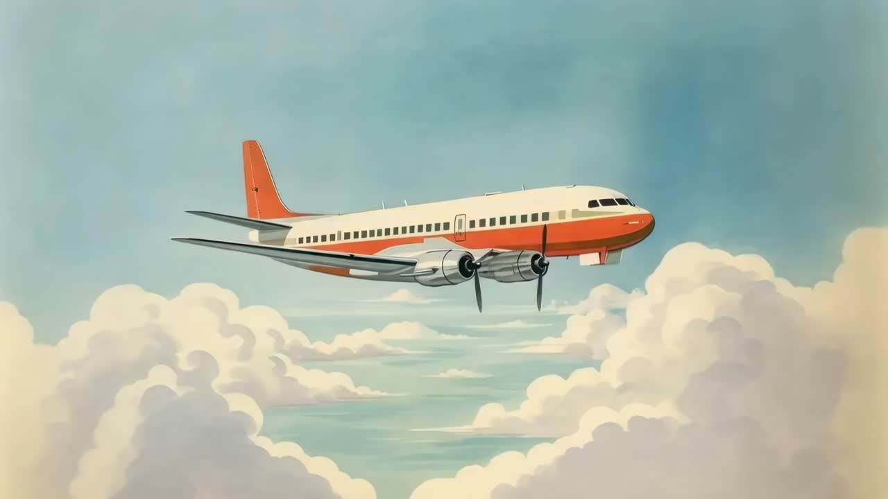 Vintage-style video still of an airplane flying above clouds, captured from a low angle