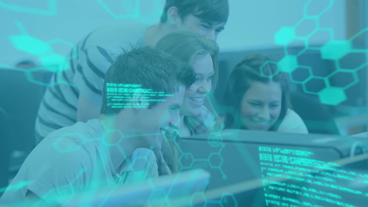 Animation of medical data processing, over smiling men and women using computer together