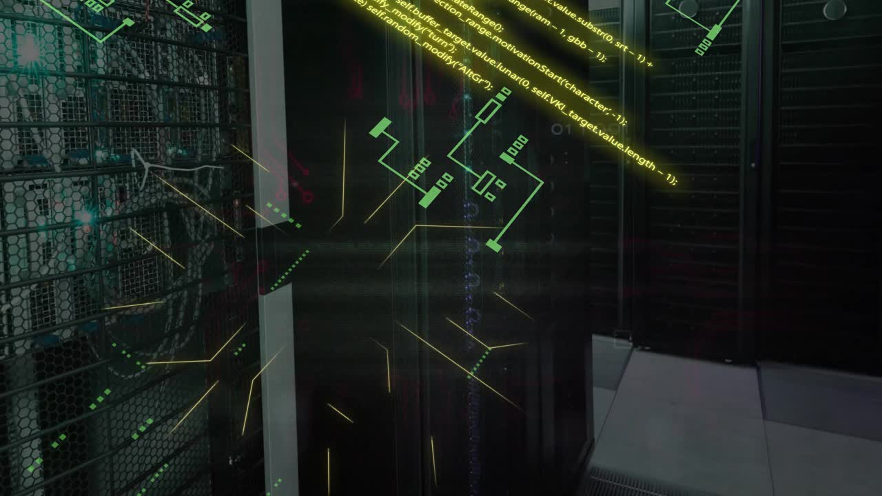 Animation of data processing and computer circuit board over server room
