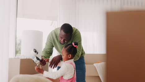 moving, packing and tape with black family