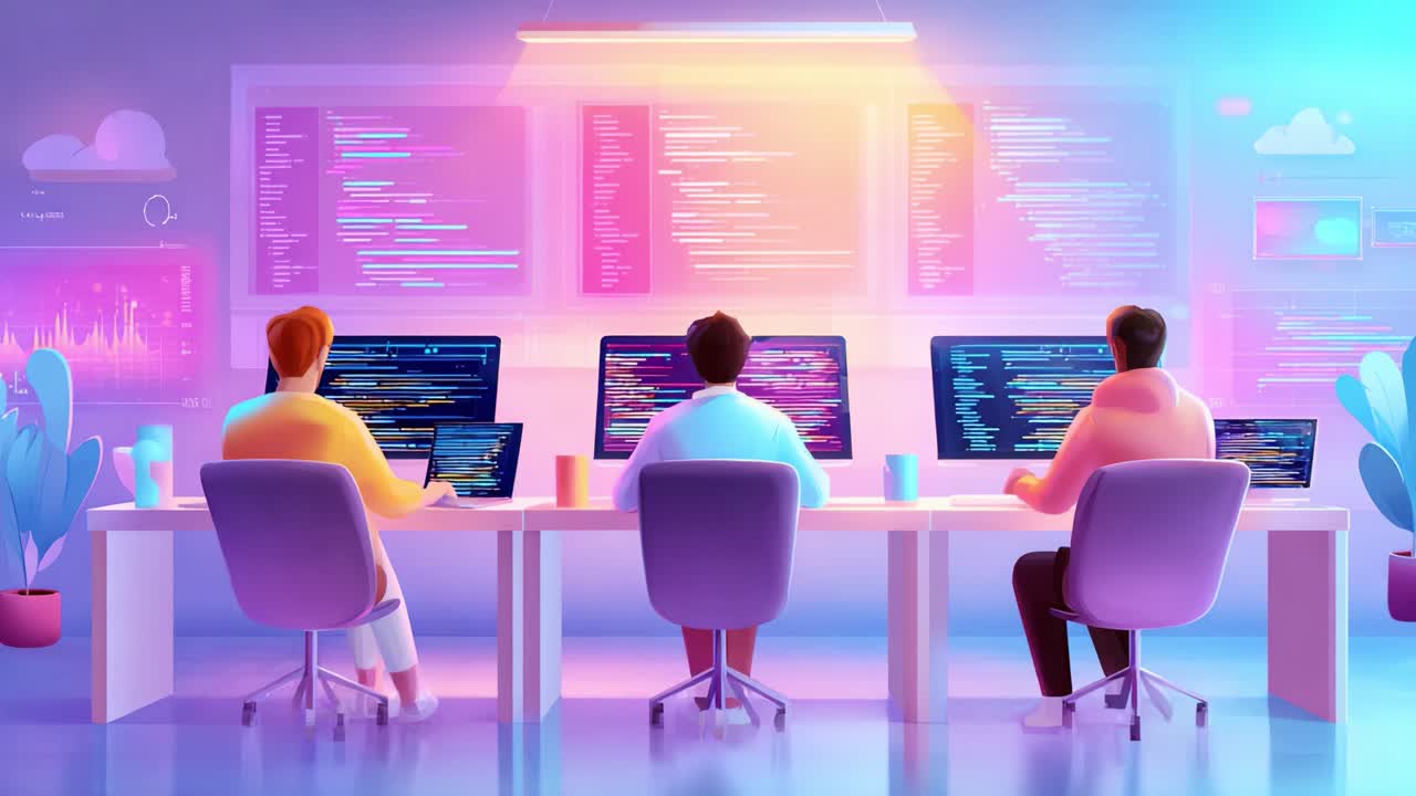 A dynamic workspace scene showcasing three programmers intensely focused on their coding tasks, surrounded by vibrant colors and complex data visualizations on their computer screens in a modern office setting