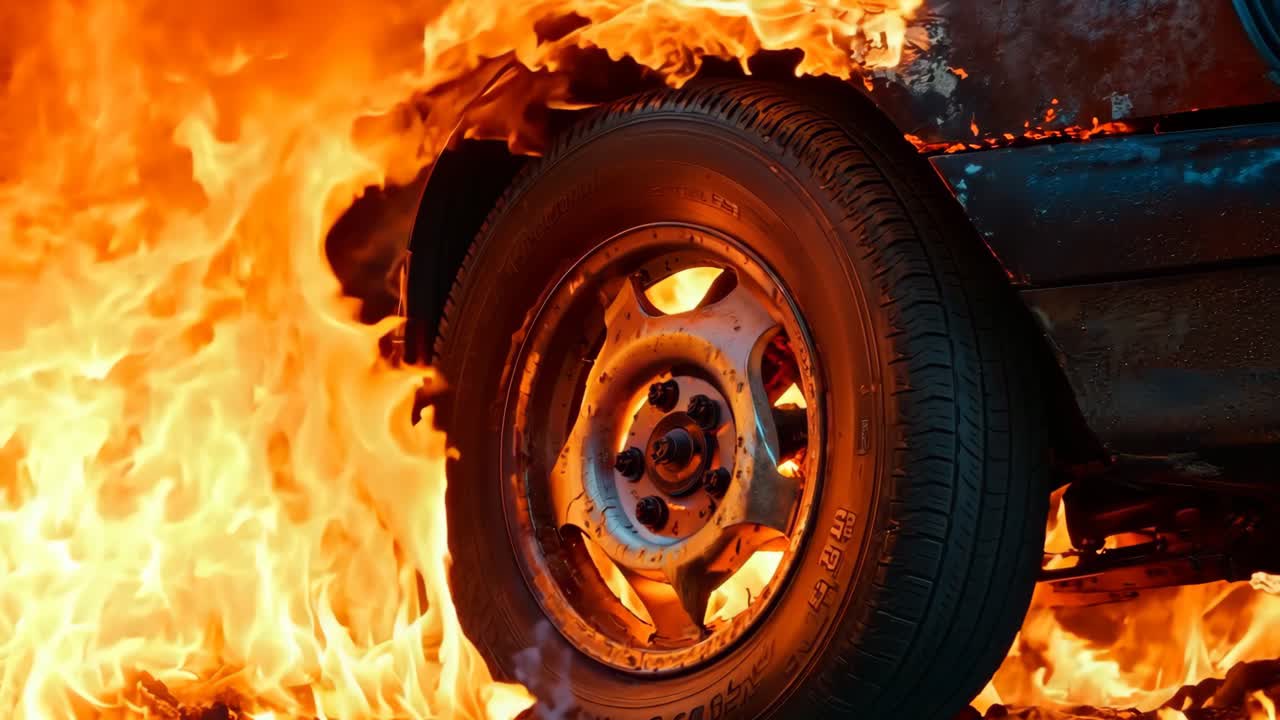 un coche en llamas con un neumático en el suelo