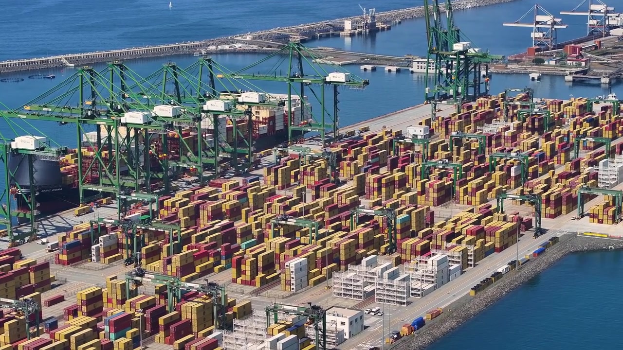 Navi portacontainer attraccano in un porto commerciale. I container di carico sono impilati sulle banchine. Le gru caricano e scaricano merci. Le navi navigano attraverso il porto