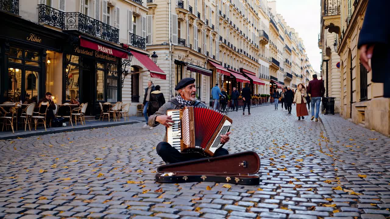 Street musician playing accordion on cobblestone path in Paris