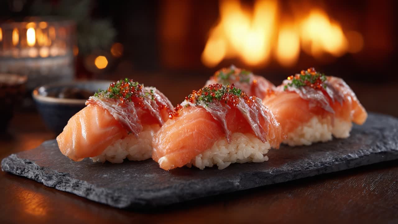 Köstliche und elegante Sushi-Präsentation mit Lachs-Nigiri mit Fischrogen, perfekt angeordnet auf einer Schieferplatte vor einem gemütlichen Kamin-Hintergrund
