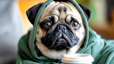 un perro pug con una sudadera verde sosteniendo una taza de café