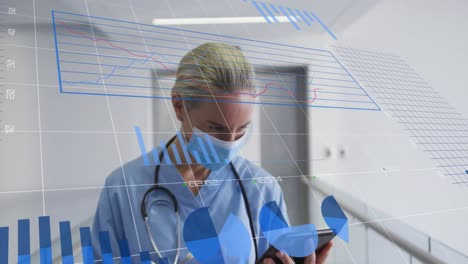 Animation-of-data-processing-over-caucasian-female-doctor-using-tablet