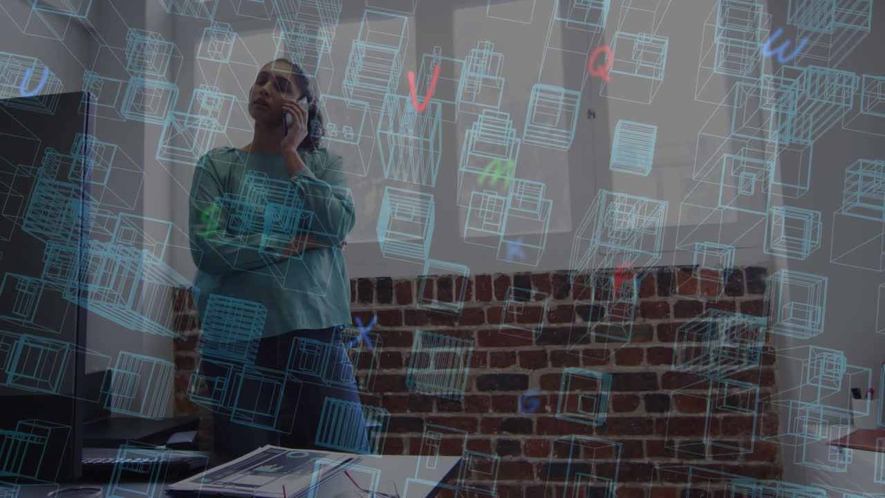 animación de una ciudad en 3d dibujada por una mujer de negocios usando un teléfono inteligente en la oficina